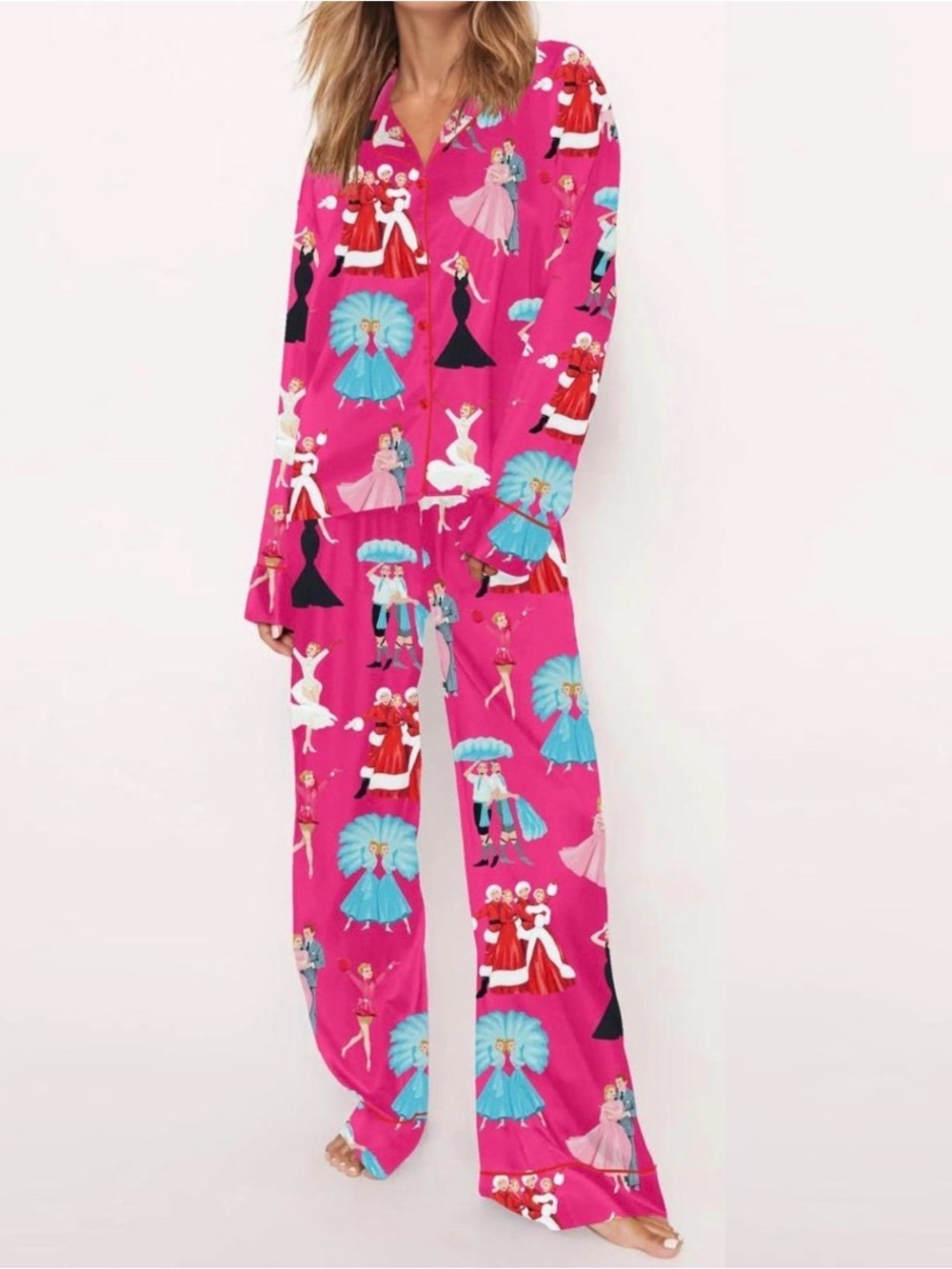NWT Sheshow Satin PJ Pajama Set White Christmas Pink Sleepwear Sz M